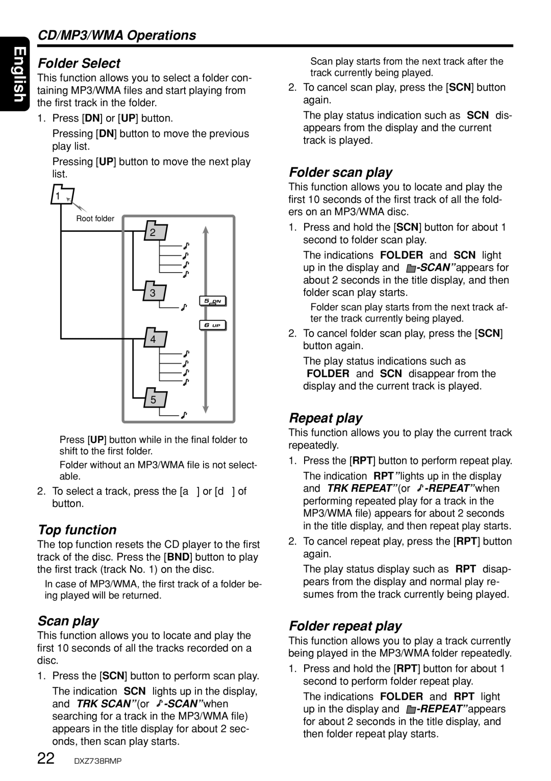 Clarion dxz738rmp owner manual Folder Select, Folder scan play, Repeat play, Top function, Scan play, Folder repeat play 