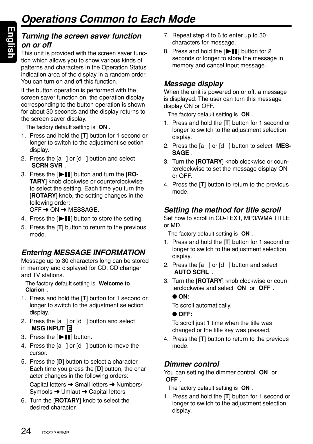 Clarion dxz738rmp owner manual Operations Common to Each Mode 