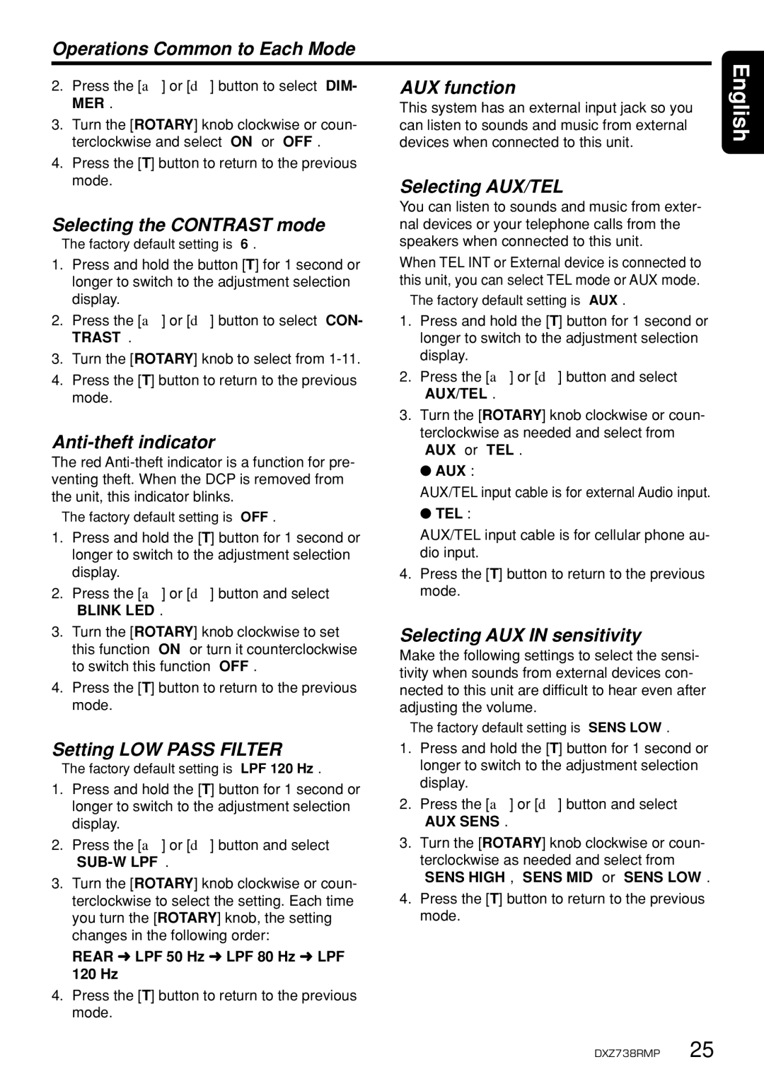 Clarion dxz738rmp Operations Common to Each Mode, Selecting the Contrast mode, Anti-theft indicator, AUX function 