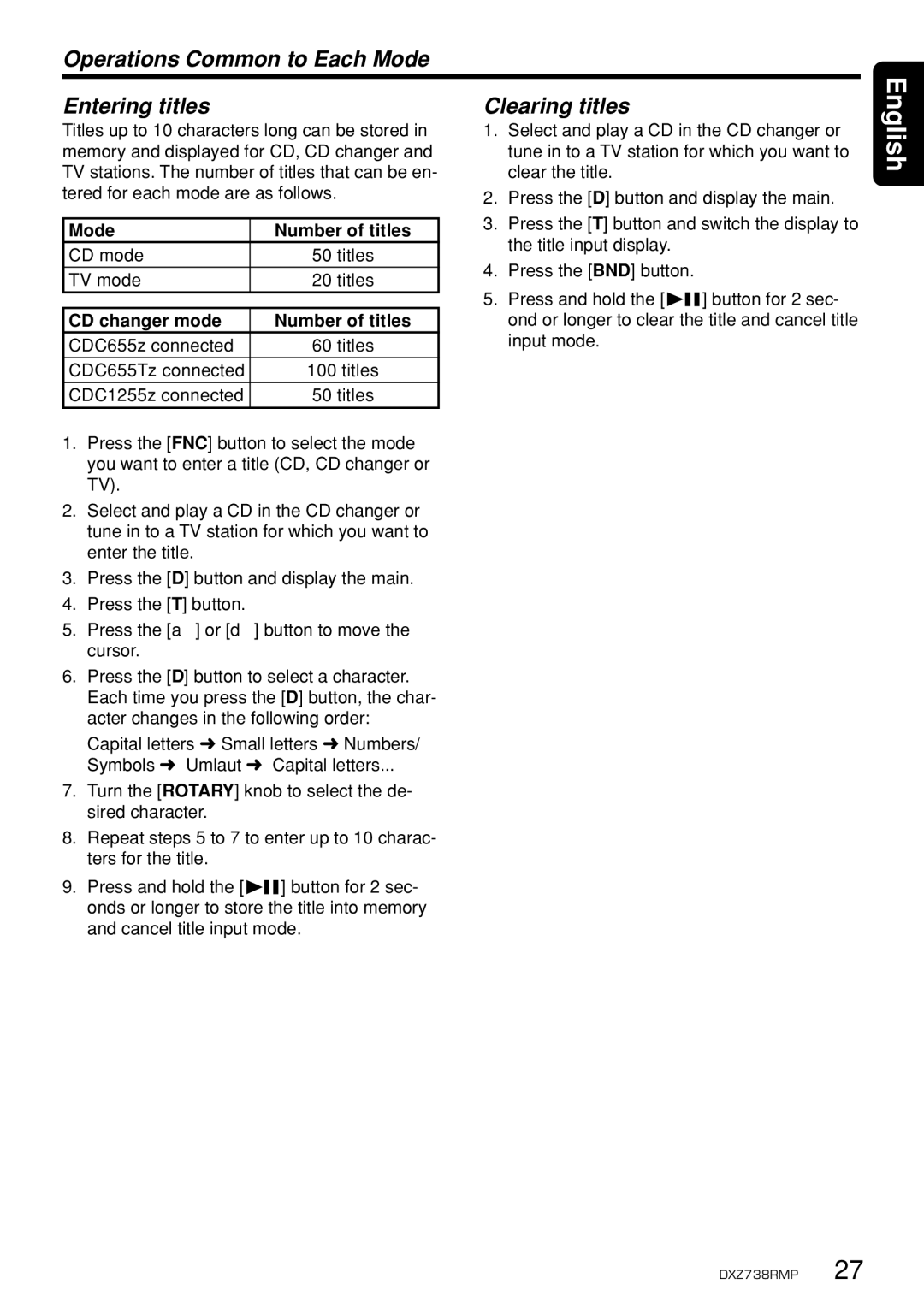 Clarion dxz738rmp owner manual Mode Number of titles, CD mode Titles TV mode, CD changer mode 