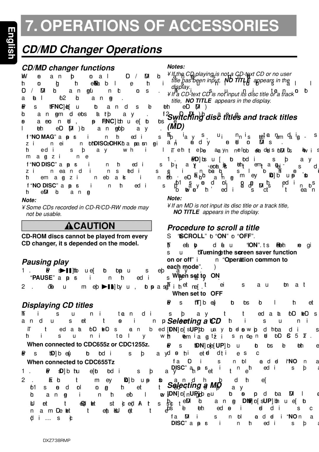 Clarion dxz738rmp owner manual Operations of Accessories, CD/MD Changer Operations 