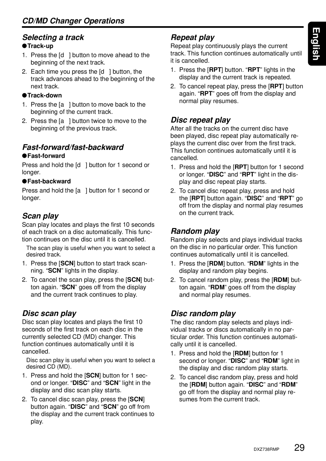 Clarion dxz738rmp owner manual CD/MD Changer Operations Selecting a track Repeat play, Disc repeat play, Disc scan play 