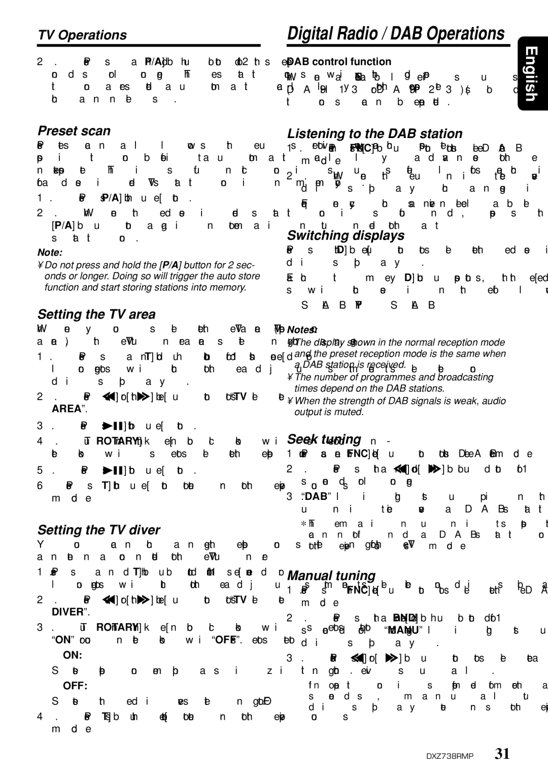 Clarion dxz738rmp owner manual TV Operations, Setting the TV area, Setting the TV diver, Listening to the DAB station 