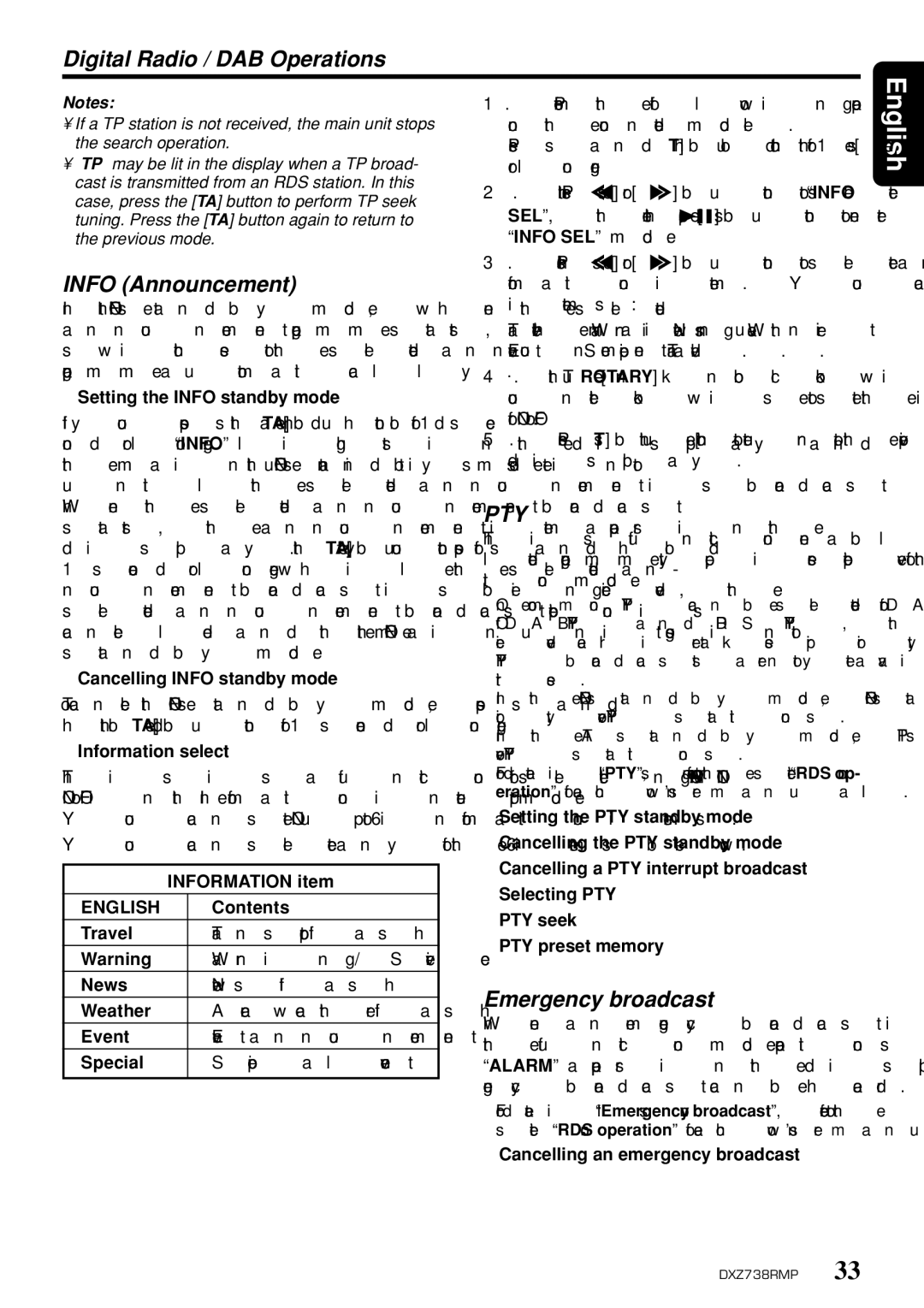 Clarion dxz738rmp owner manual Digital Radio / DAB Operations, Info Announcement, English 