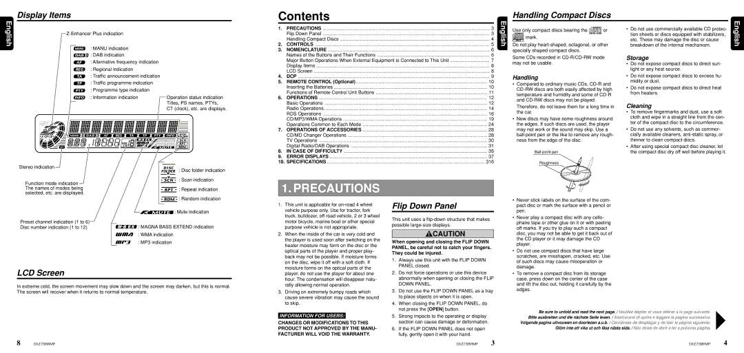 Clarion dxz738rmp owner manual Contents, Precautions 