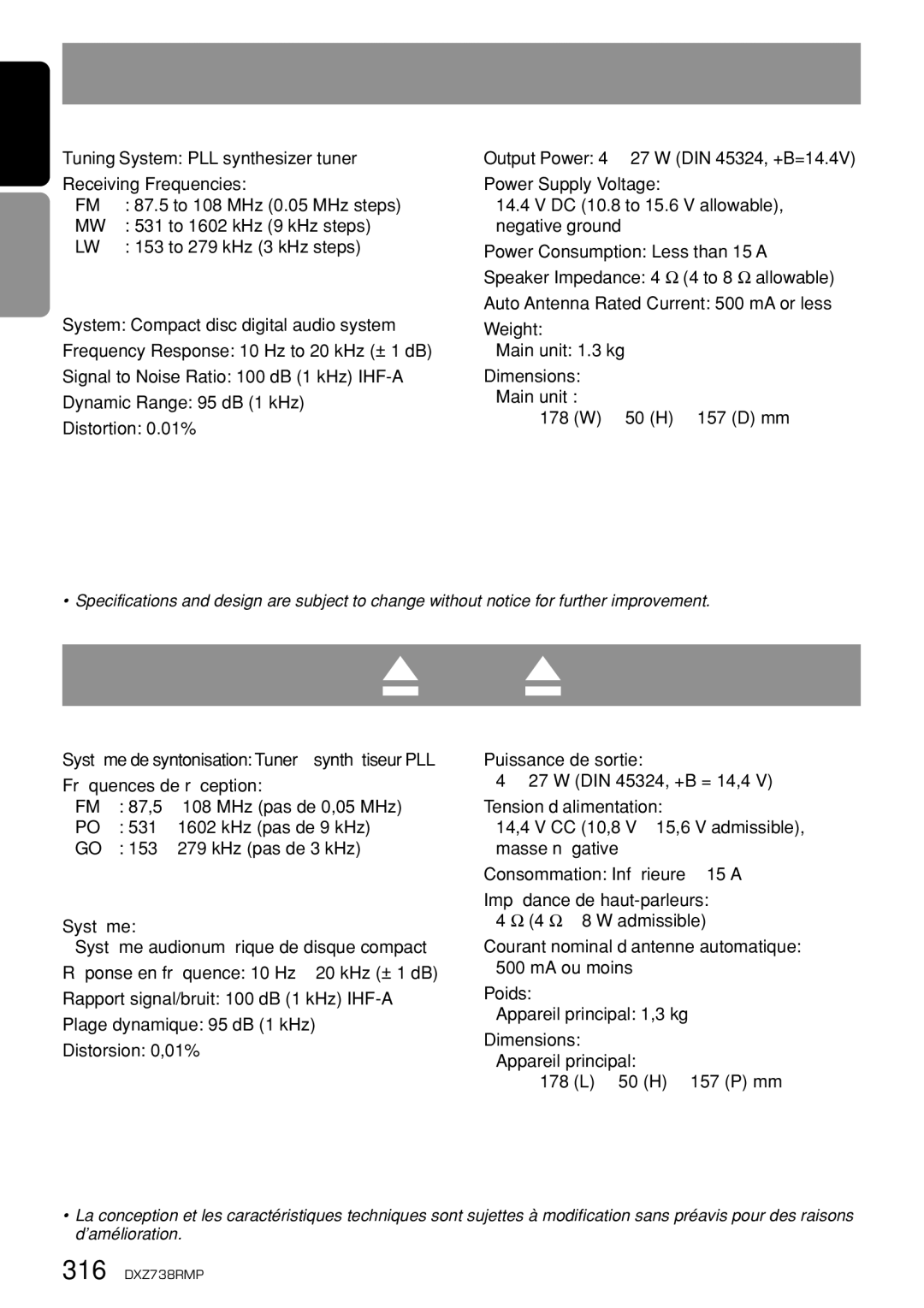 Clarion dxz738rmp owner manual Specifications 