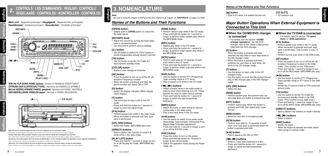 Clarion dxz738rmp owner manual Nomenclature, Names of the Buttons and Their Functions, Connected to This Unit 