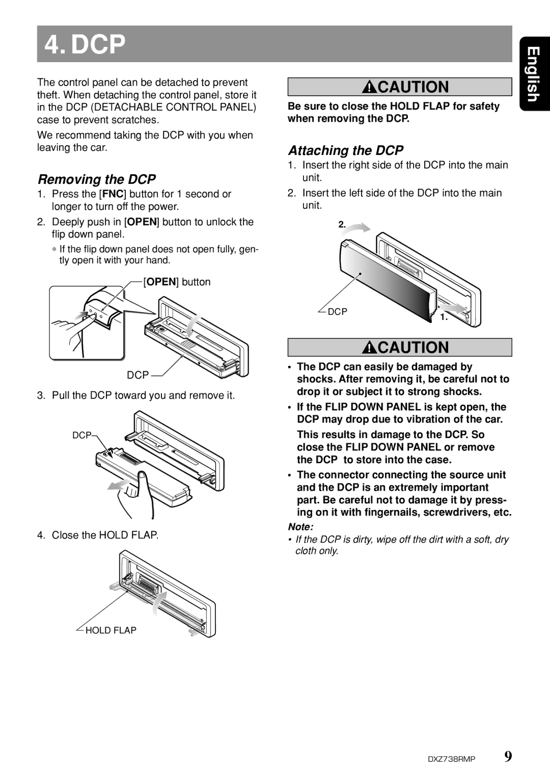 Clarion dxz738rmp owner manual Removing the DCP, Attaching the DCP, When removing the DCP 