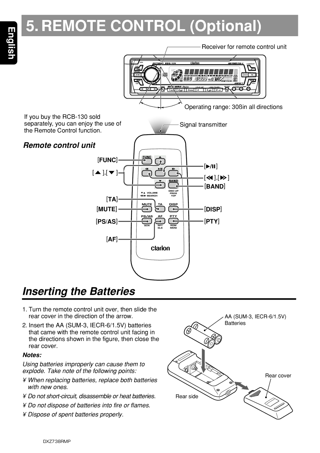 Clarion dxz738rmp owner manual Inserting the Batteries, Remote control unit, Func Band, Mute Disp PS/AS PTY 