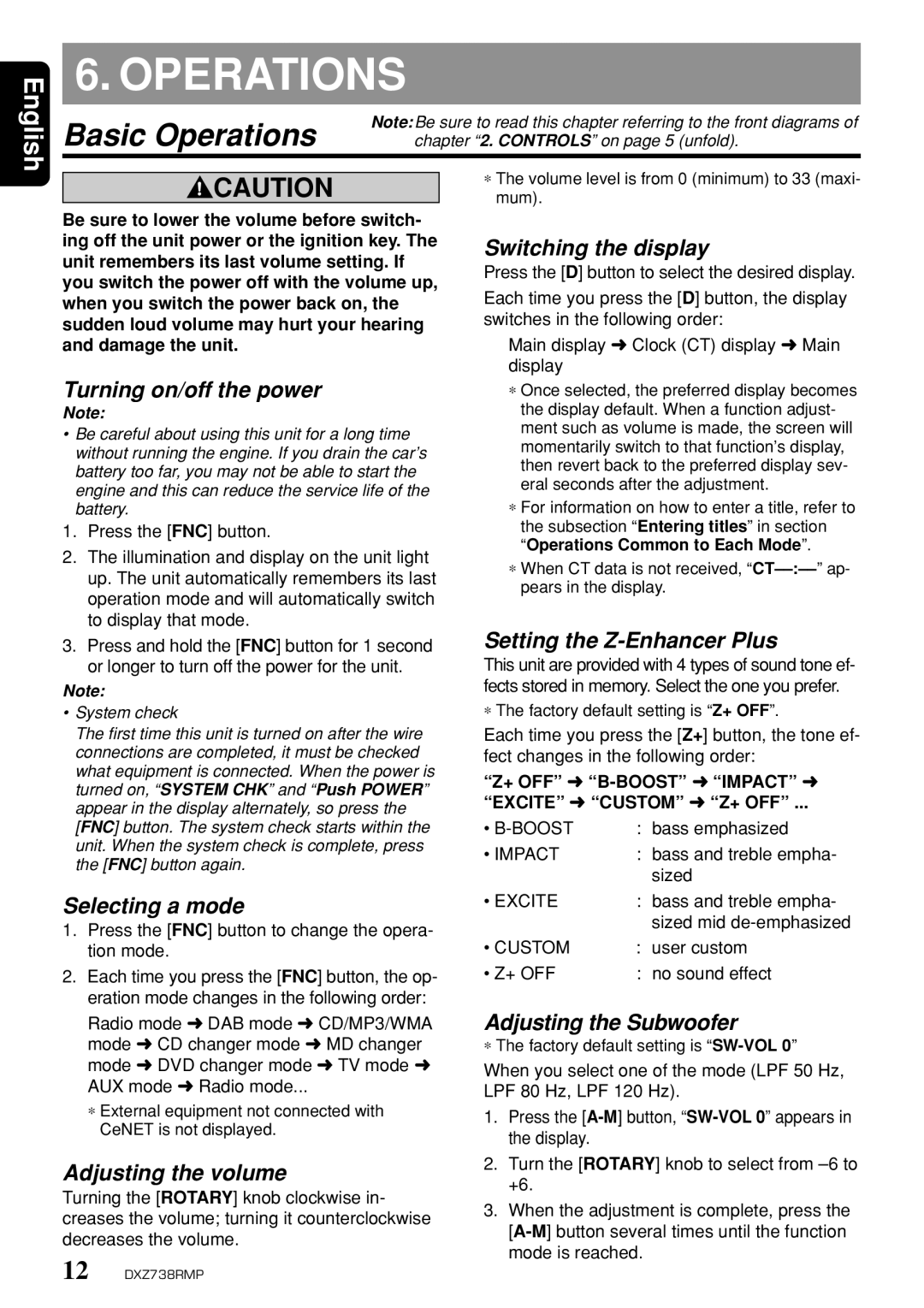 Clarion dxz738rmp owner manual Basic Operations 