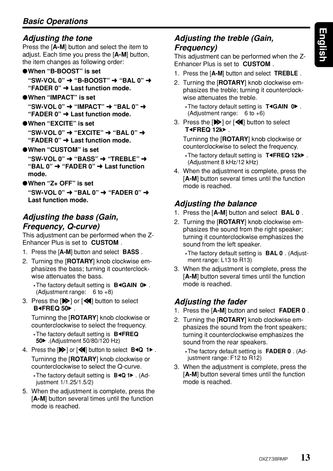 Clarion dxz738rmp owner manual Adjusting the balance, Adjusting the bass Gain Frequency, Q-curve, Adjusting the fader 