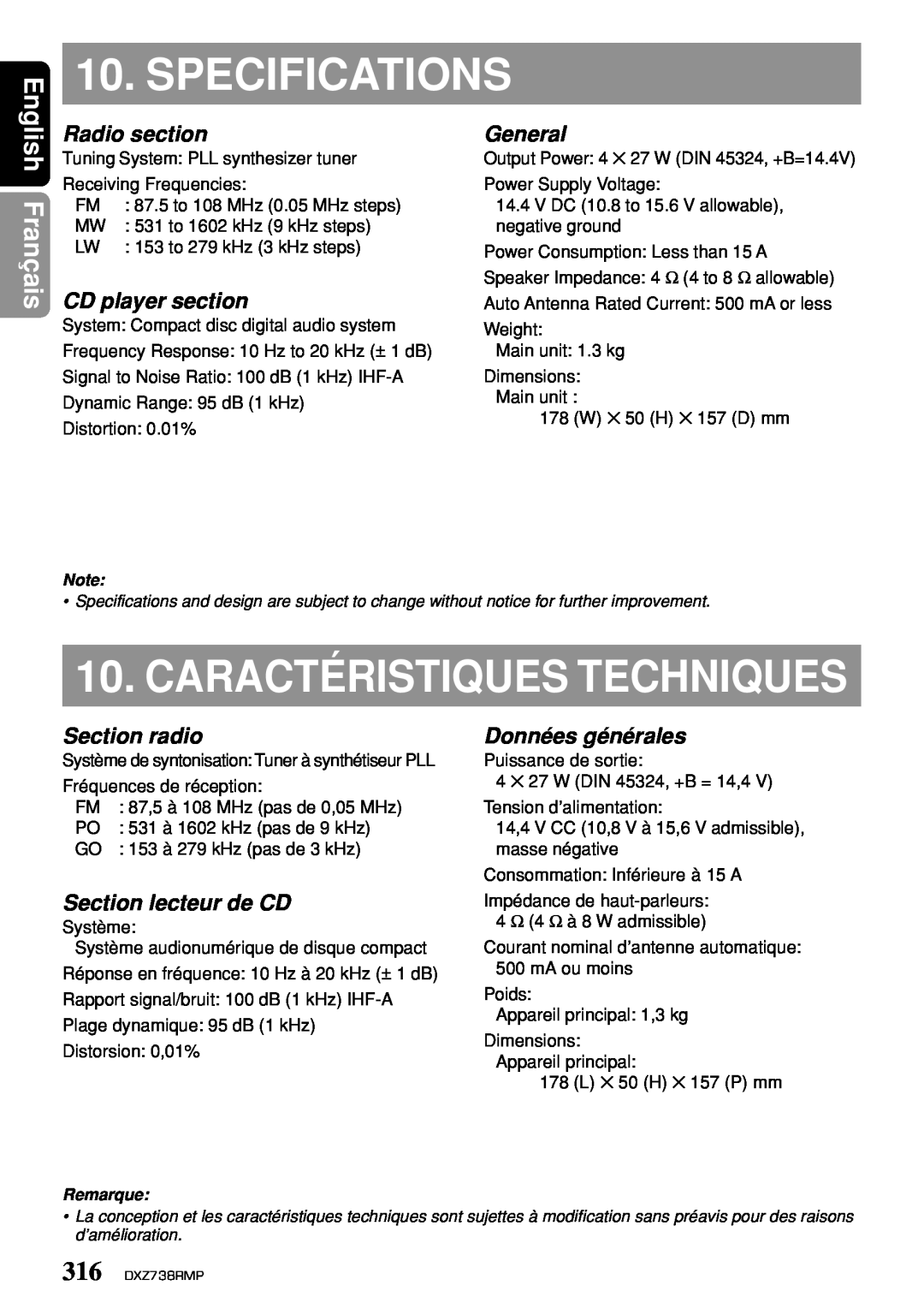 Clarion dxz738rmp Specifications, Français, Radio section, CD player section, General, Section radio, Données générales 