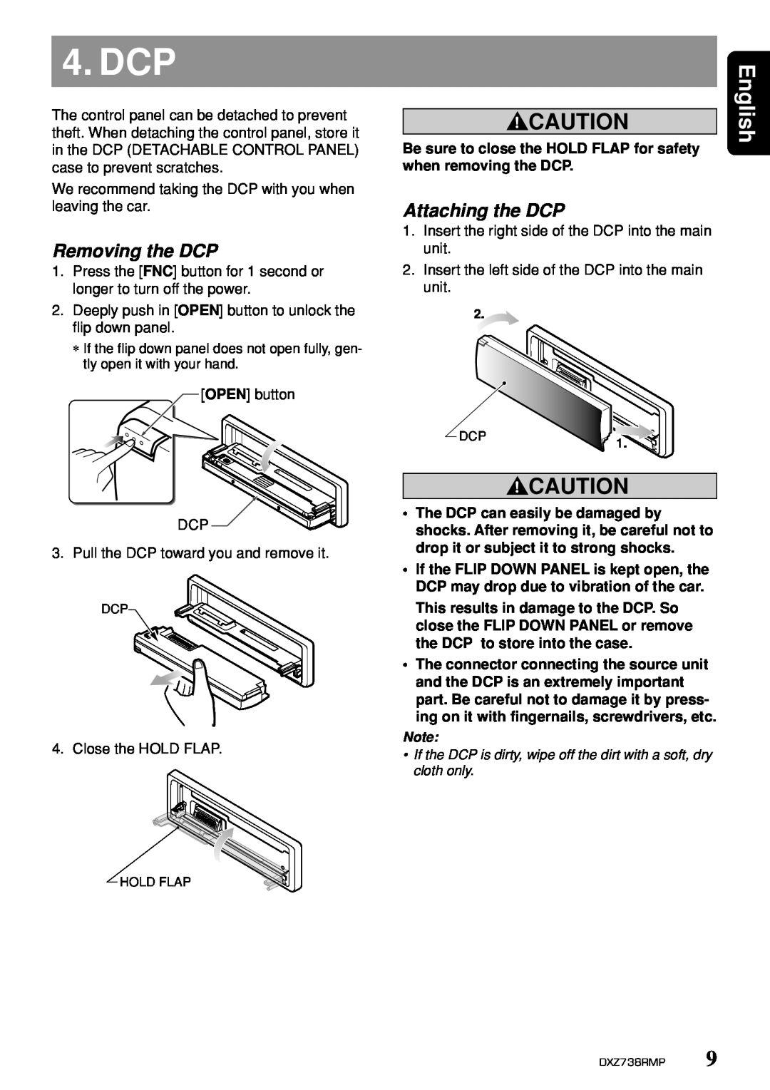 Clarion dxz738rmp owner manual Dcp, Removing the DCP, Attaching the DCP, English, when removing the DCP 