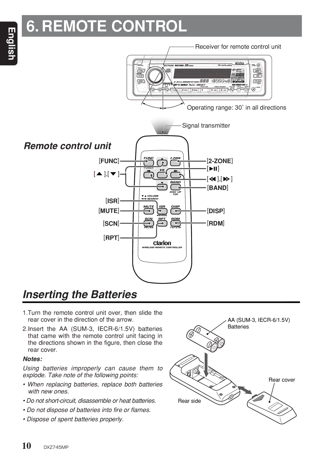 Clarion DXZ745MP owner manual Remote Control, Inserting the Batteries, Func Zone Band ISR Mute Disp SCN RDM RPT 