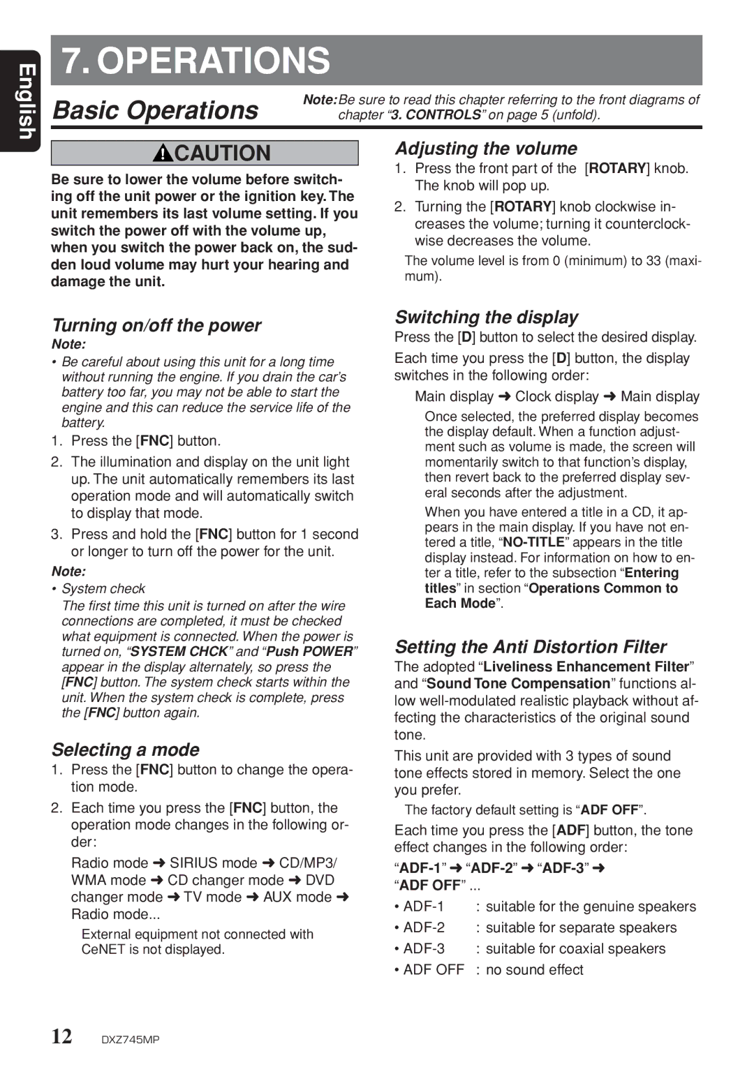 Clarion DXZ745MP owner manual Basic Operations 