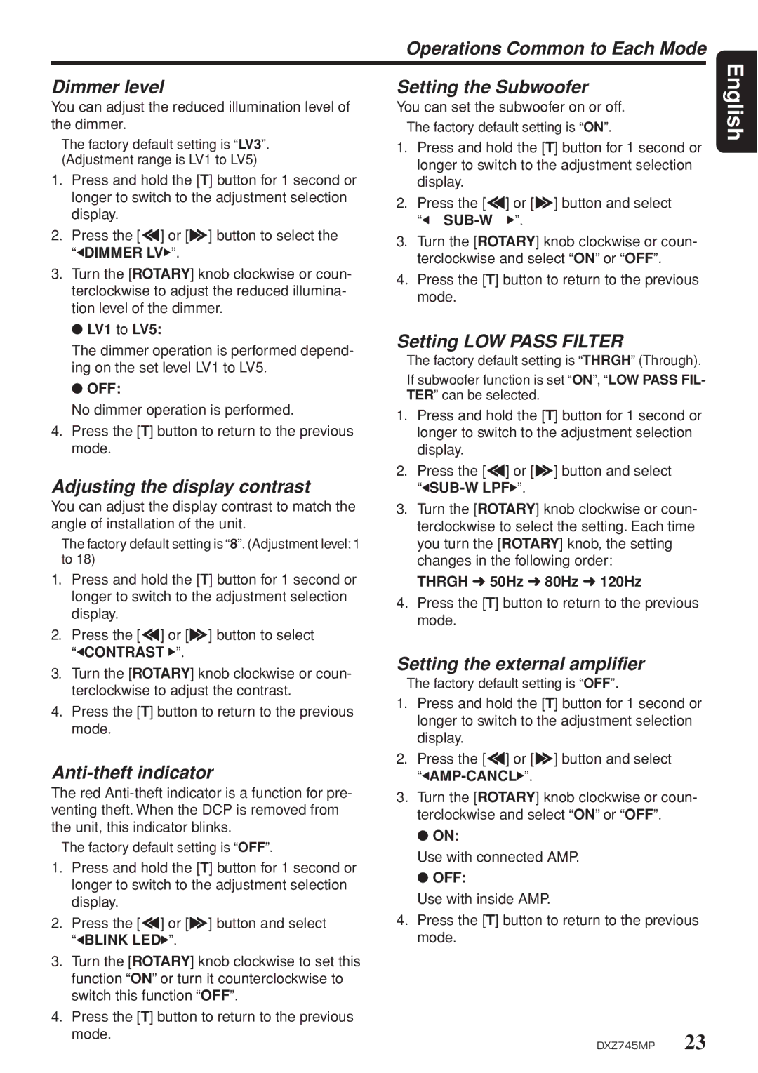 Clarion DXZ745MP owner manual Setting LOW Pass Filter, Adjusting the display contrast, Anti-theft indicator 