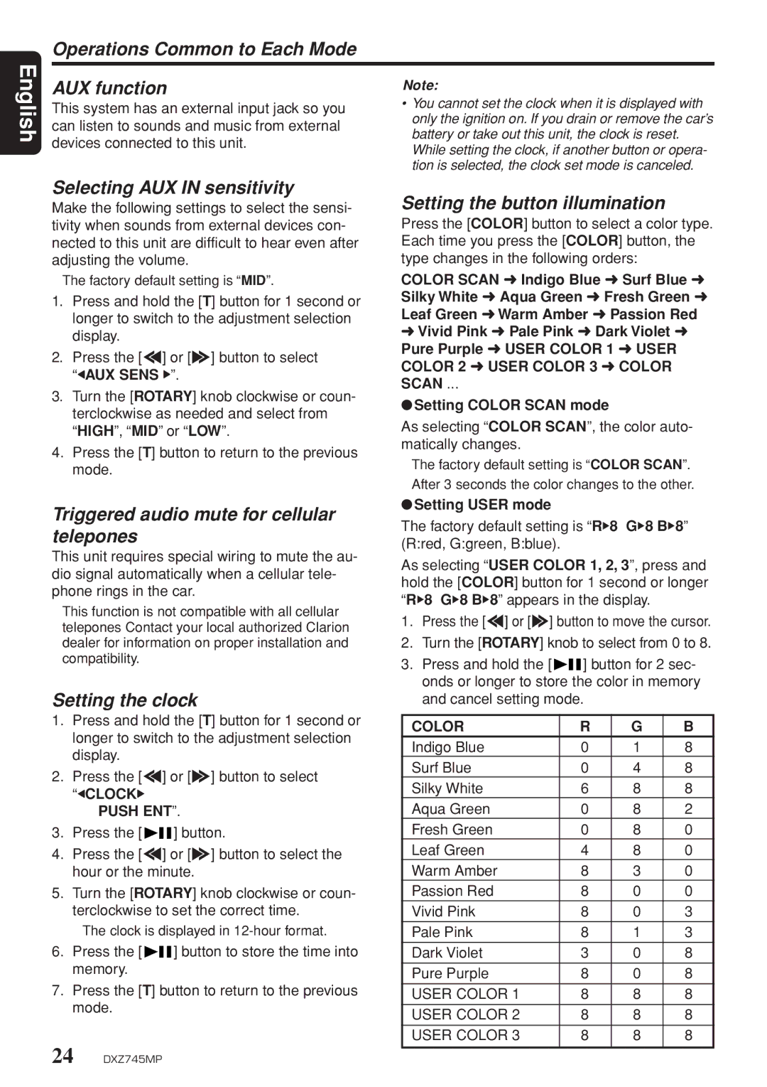 Clarion DXZ745MP owner manual Operations Common to Each Mode AUX function, Selecting AUX in sensitivity, Setting the clock 