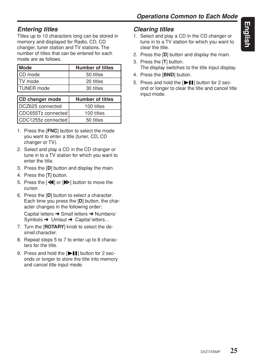 Clarion DXZ745MP owner manual Mode Number of titles, CD changer mode Number of titles 