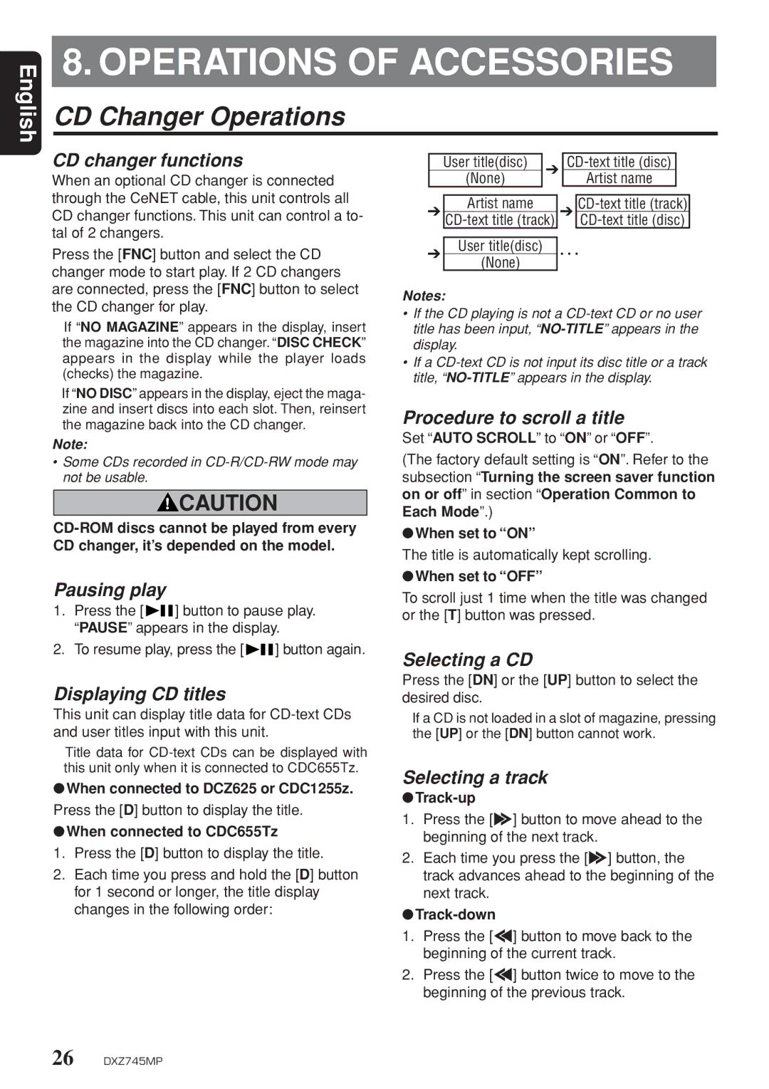 Clarion DXZ745MP Operations of Accessories, CD Changer Operations, CD changer functions, Procedure to scroll a title 