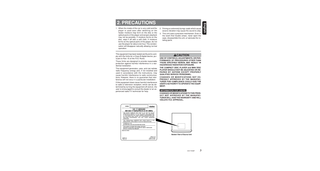 Clarion DXZ745MP owner manual Precautions, Information for Users 