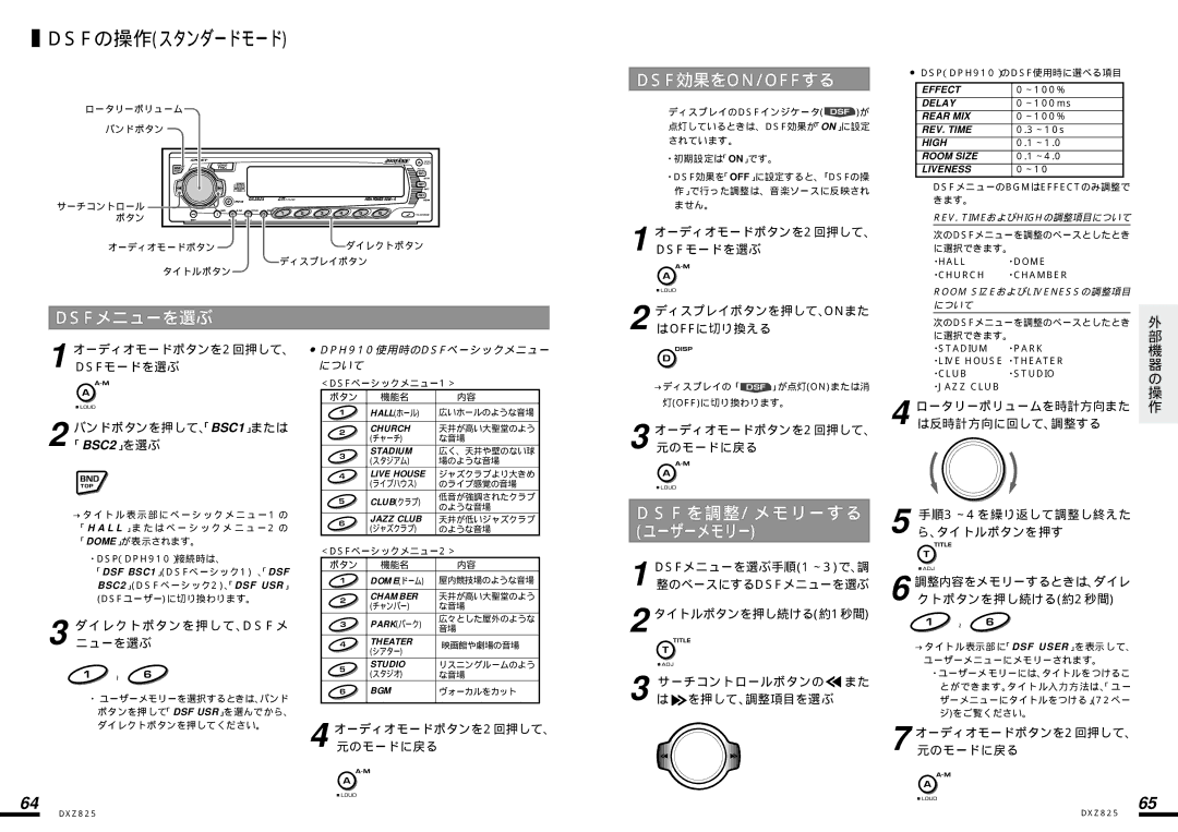 Clarion DXZ825 manual Dsfメニューを選ぶ, F を調整/ メモリーする, オーディオモードボタンを2回押して、 DSFモードを選ぶ バンドボタンを押して「、BSC1」または 「BSC2」を選ぶ 