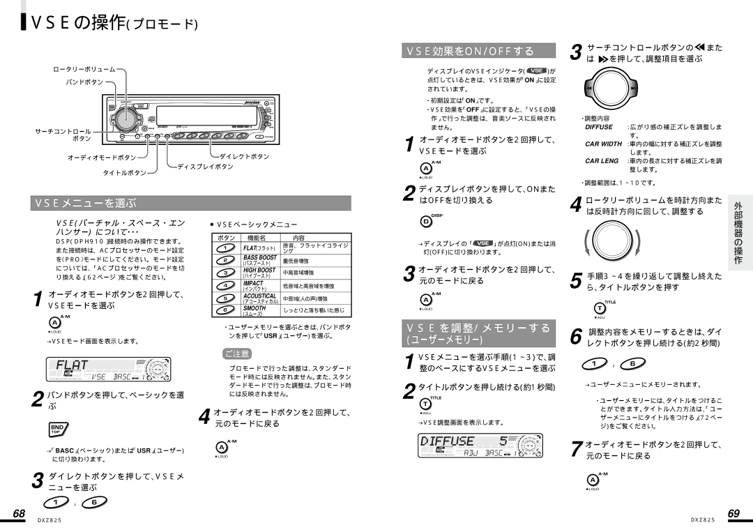 Clarion DXZ825 manual Vseの操作プロモード, Vseメニューを選ぶ, E を調整/ メモリーする, Vseバーチャル・スペース・エン ハンサー について･･･ 