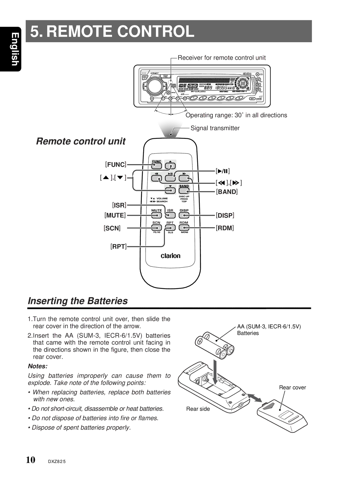 Clarion DXZ825 owner manual Remote Control, Func Band ISR Mute Disp SCN RDM RPT 