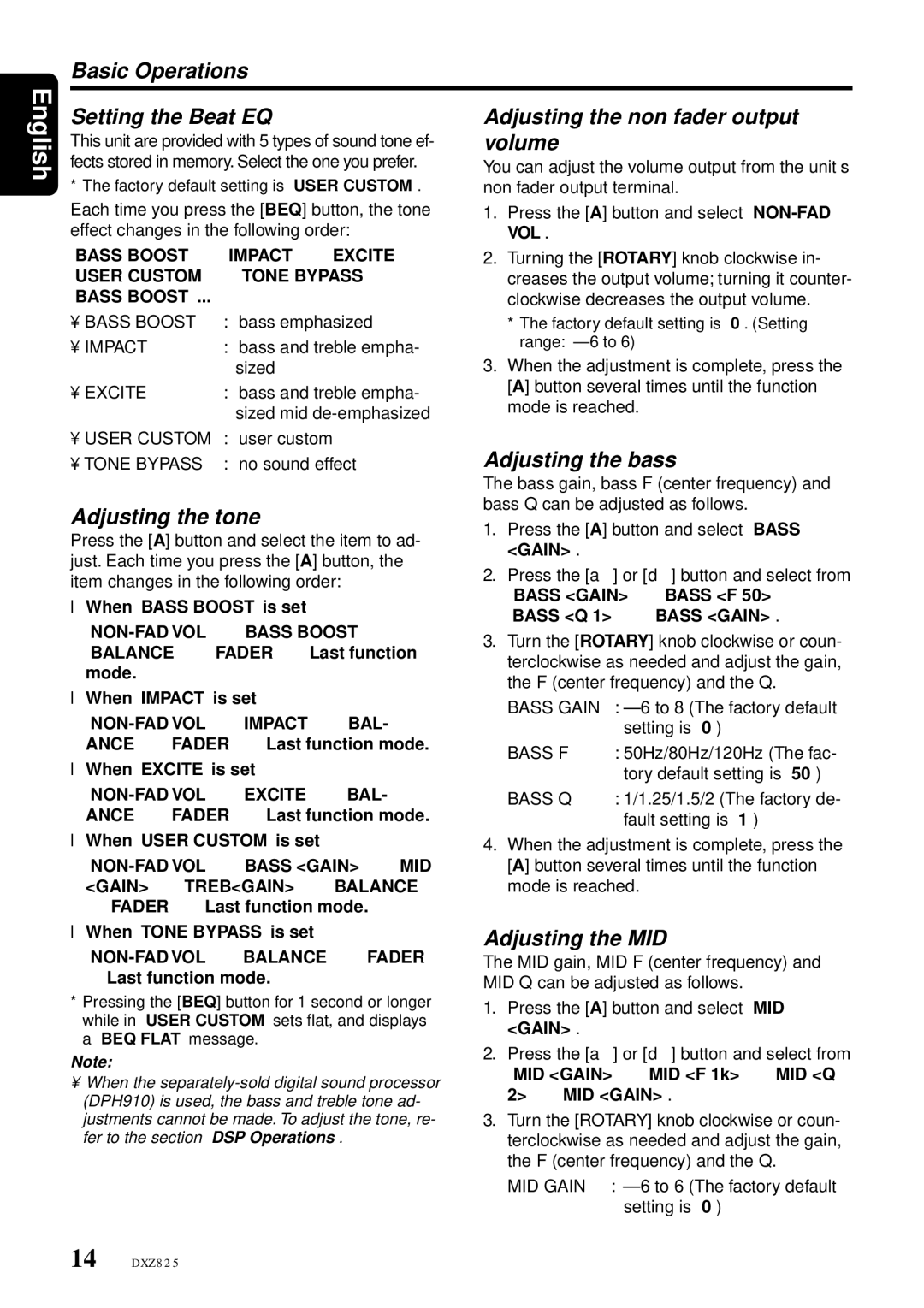 Clarion DXZ825 owner manual Volume, Adjusting the tone, Adjusting the bass, Adjusting the MID 