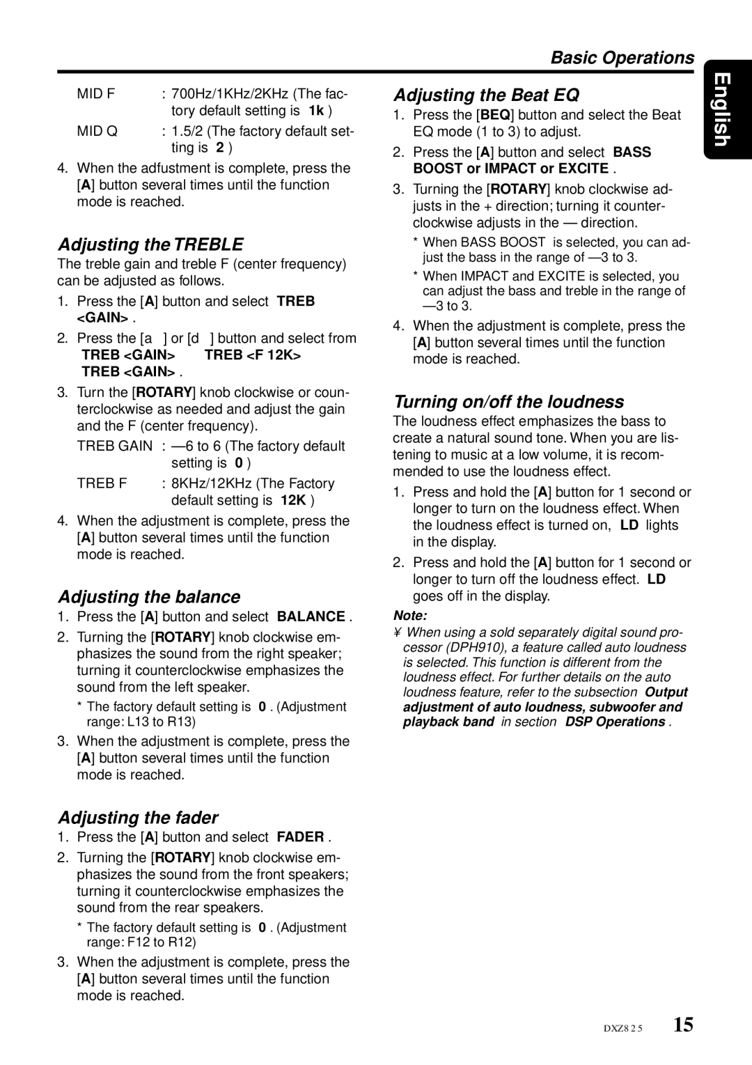 Clarion DXZ825 Basic Operations, Adjusting the Beat EQ, Adjusting the Treble, Adjusting the balance, Adjusting the fader 