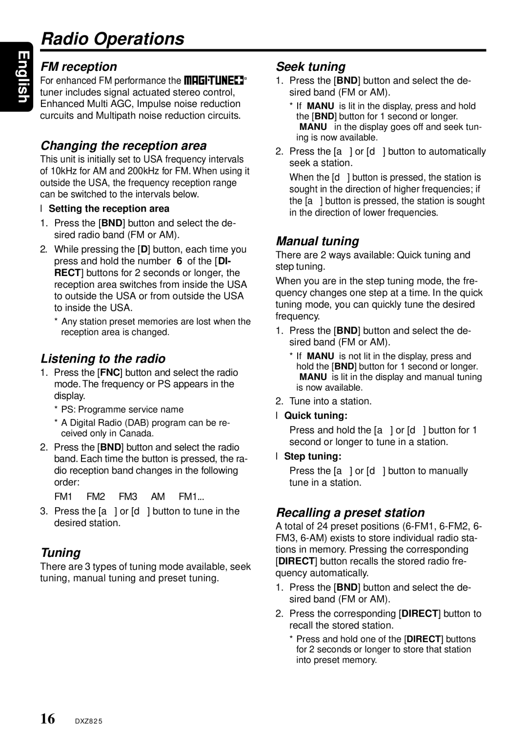 Clarion DXZ825 owner manual Radio Operations 