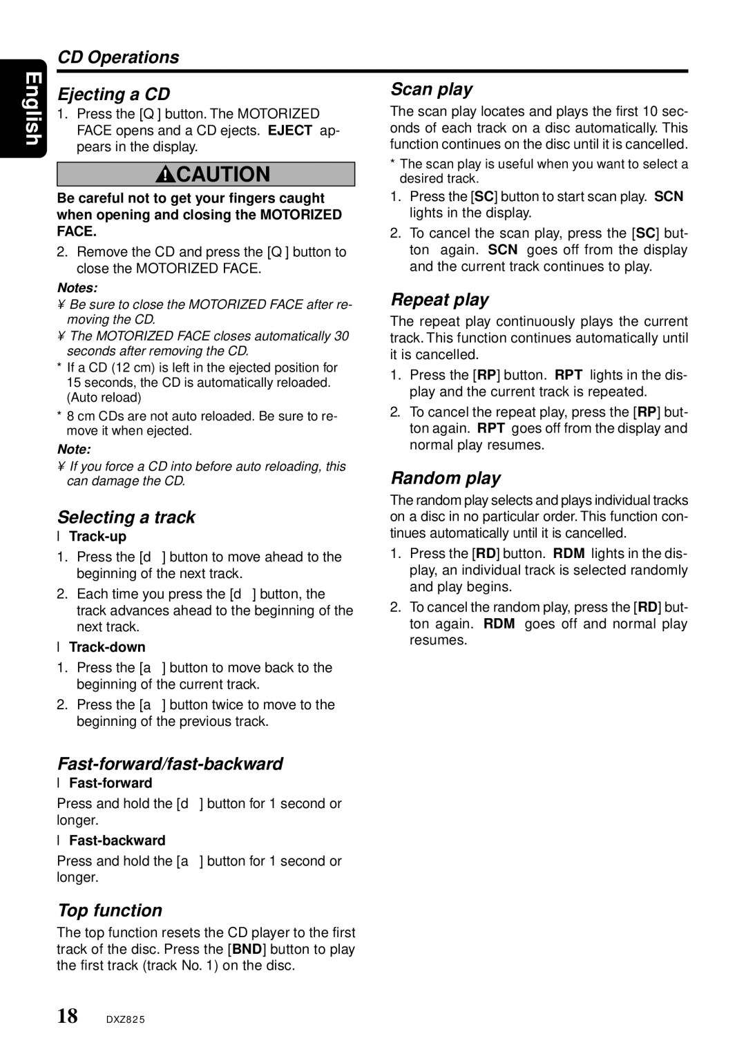 Clarion DXZ825 CD Operations Ejecting a CD Scan play, Repeat play, Selecting a track, Random play, Top function 