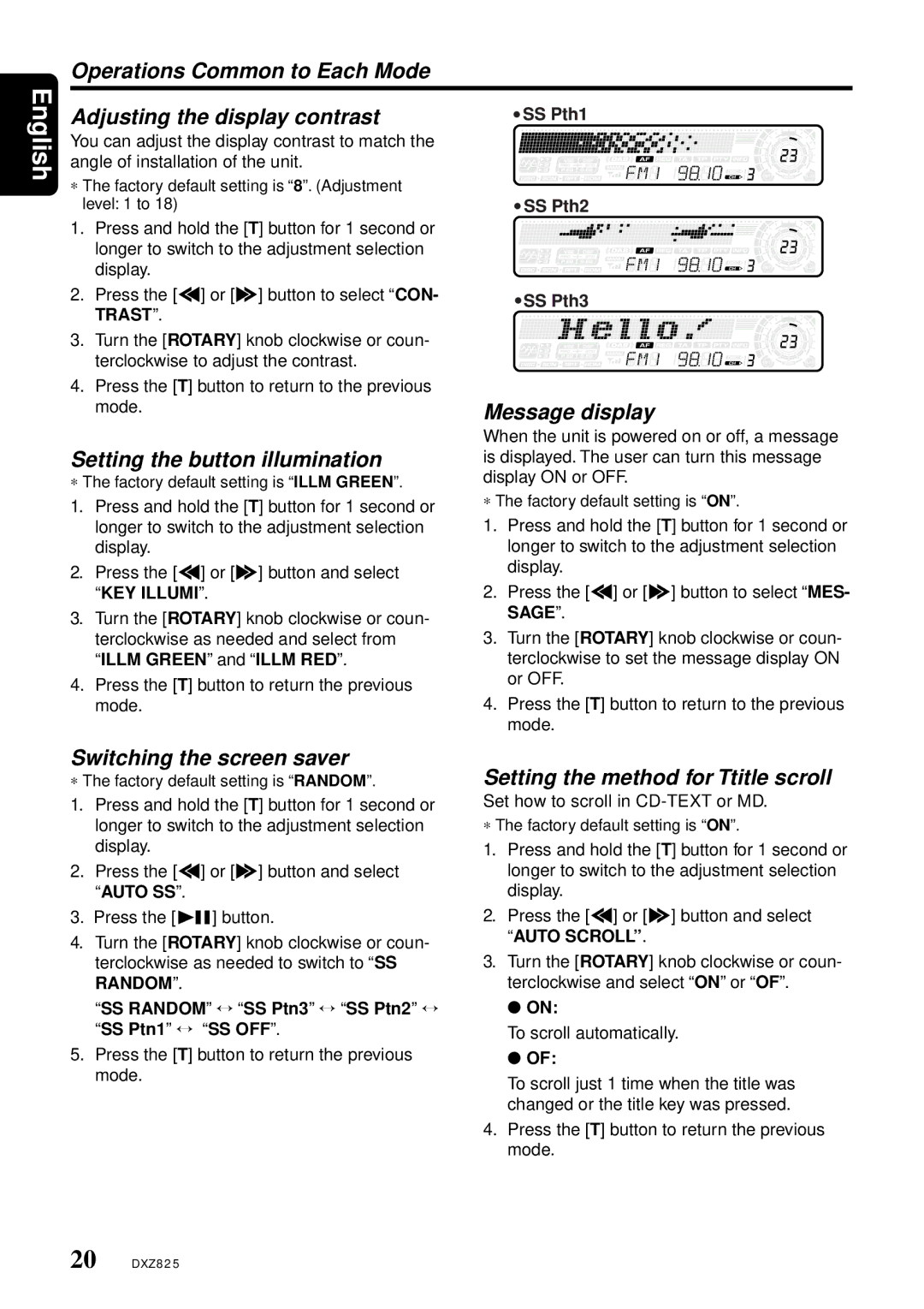 Clarion DXZ825 owner manual Setting the button illumination, Message display, Switching the screen saver 