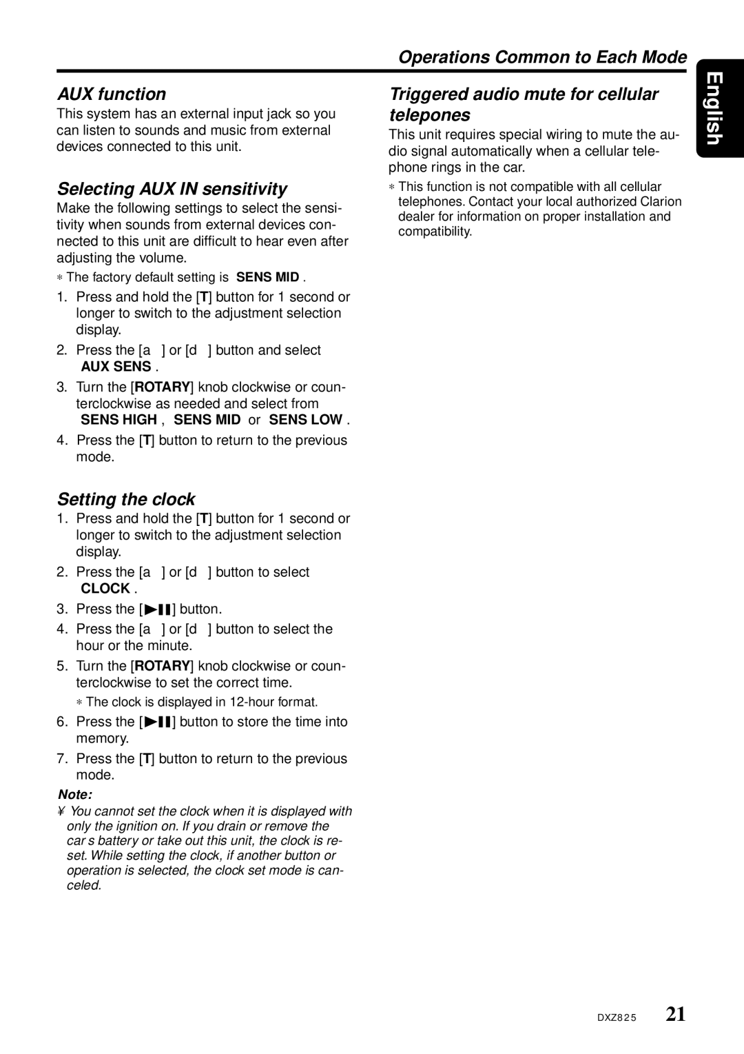 Clarion DXZ825 owner manual Operations Common to Each Mode, AUX function Triggered audio mute for cellular, Telepones 