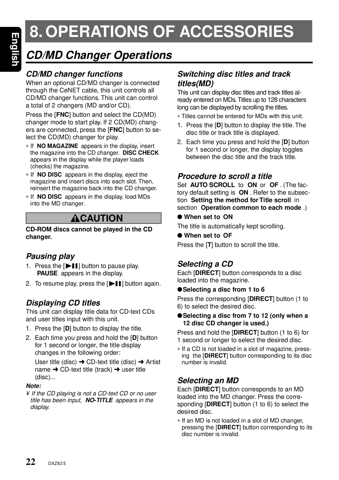 Clarion DXZ825 owner manual Operations of Accessories, CD/MD Changer Operations 