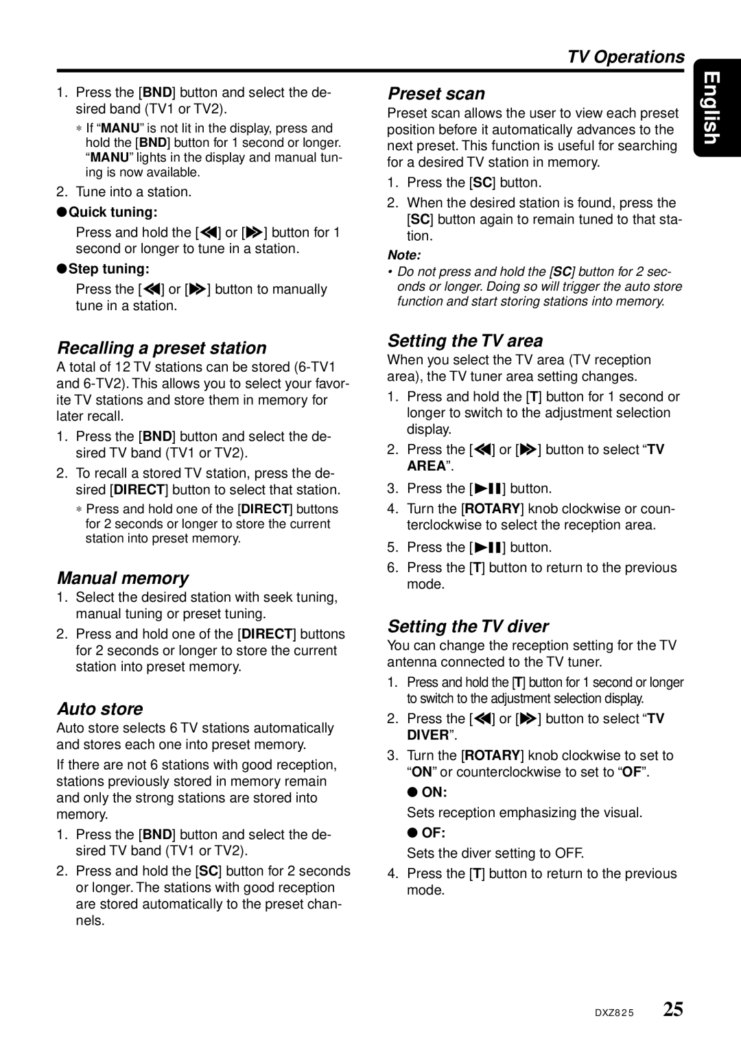 Clarion DXZ825 TV Operations, Setting the TV area, Setting the TV diver, Press the a or d button to select TV Area 