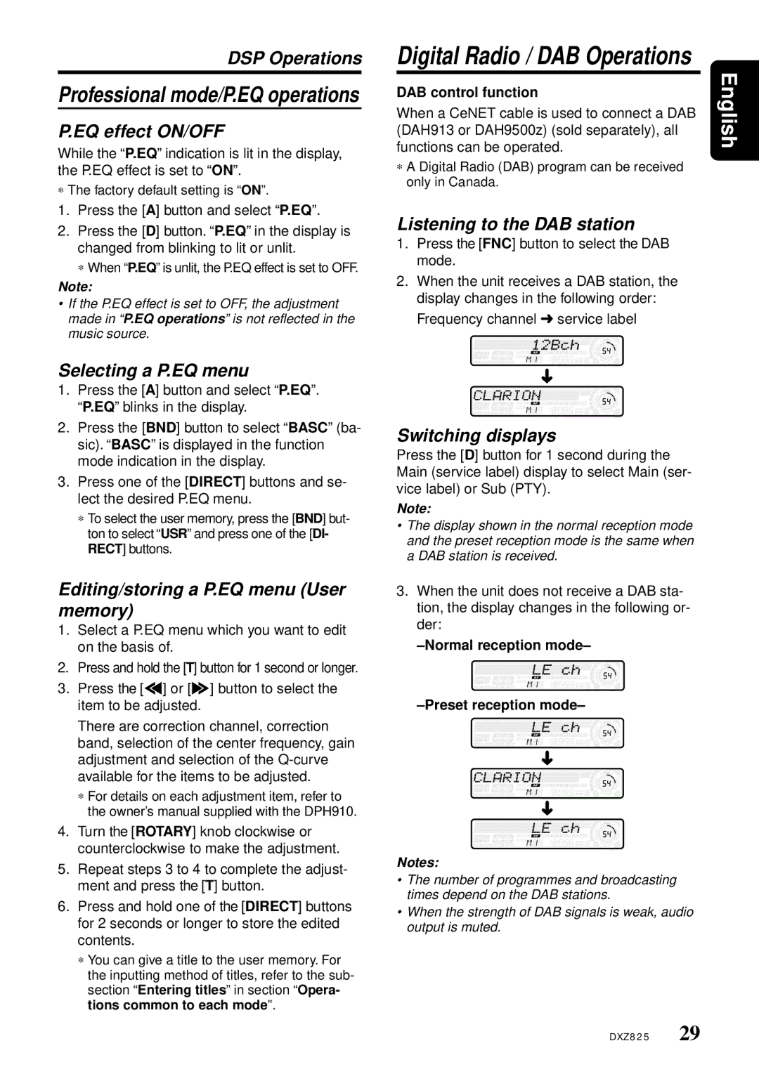 Clarion DXZ825 owner manual Digital Radio / DAB Operations, Selecting a P.EQ menu, Editing/storing a P.EQ menu User memory 