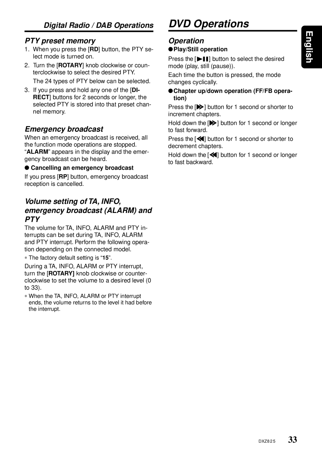 Clarion DXZ825 owner manual DVD Operations, Digital Radio / DAB Operations PTY preset memory, Emergency broadcast 