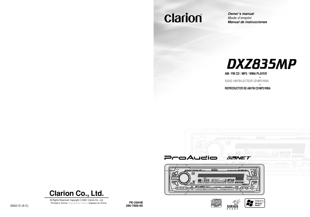 Clarion DXZ835MP owner manual 2002/12 A·C, PE-2564B 