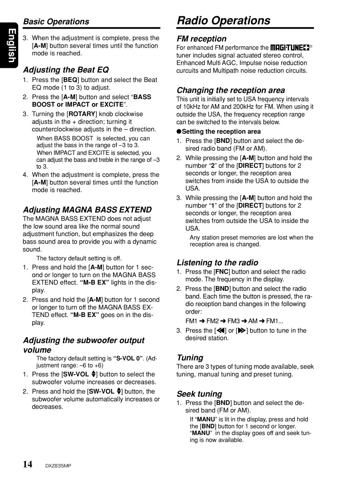 Clarion DXZ835MP owner manual Radio Operations 