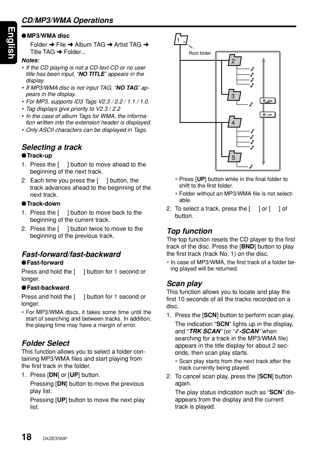 Clarion DXZ835MP owner manual Selecting a track, Fast-forward/fast-backward, Folder Select, Top function, Scan play 