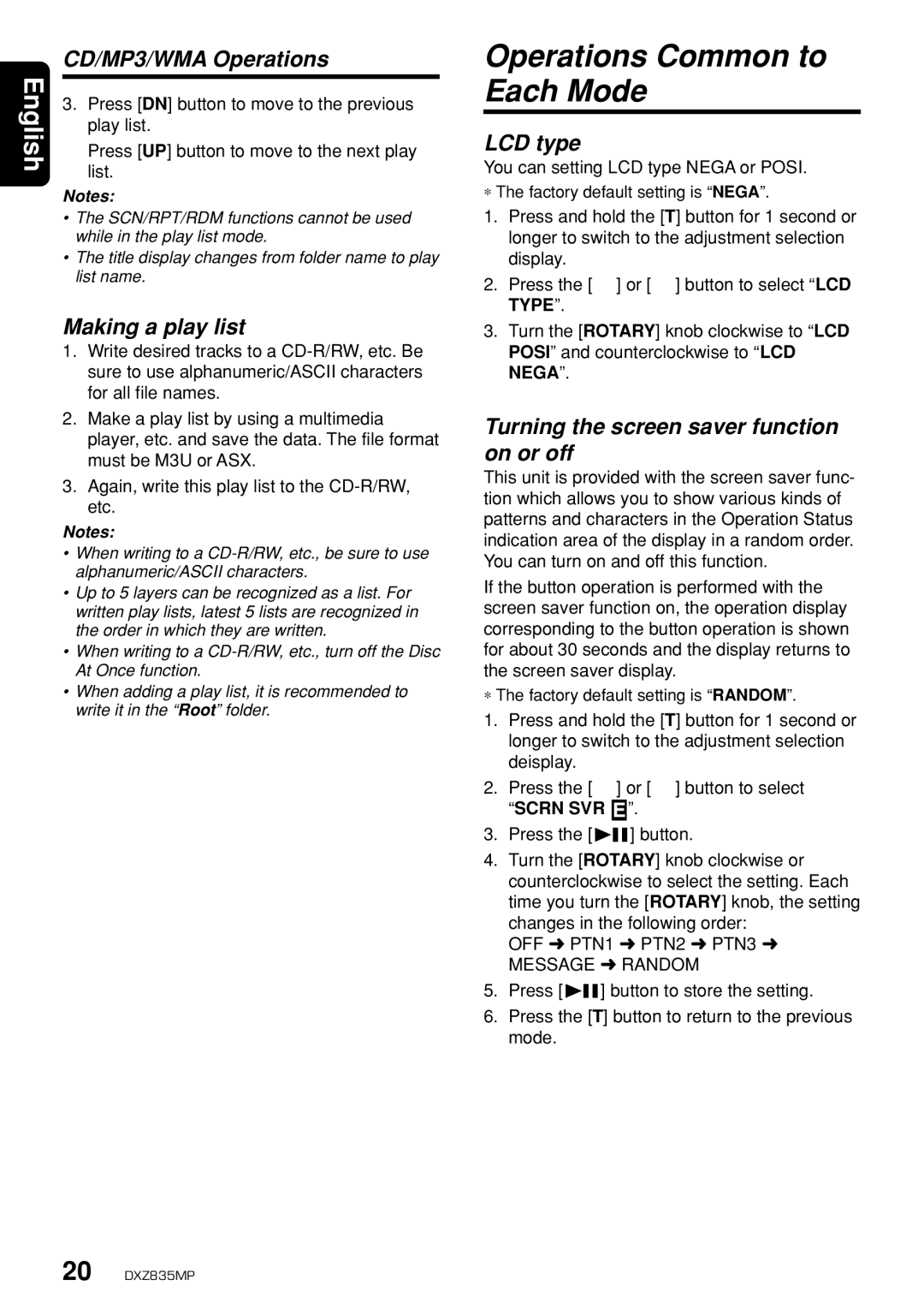 Clarion DXZ835MP Operations Common to Each Mode, Making a play list, LCD type, Turning the screen saver function on or off 