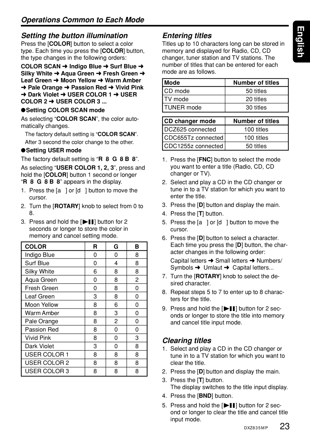 Clarion DXZ835MP owner manual Clearing titles, Setting User mode, Mode Number of titles, CD changer mode Number of titles 