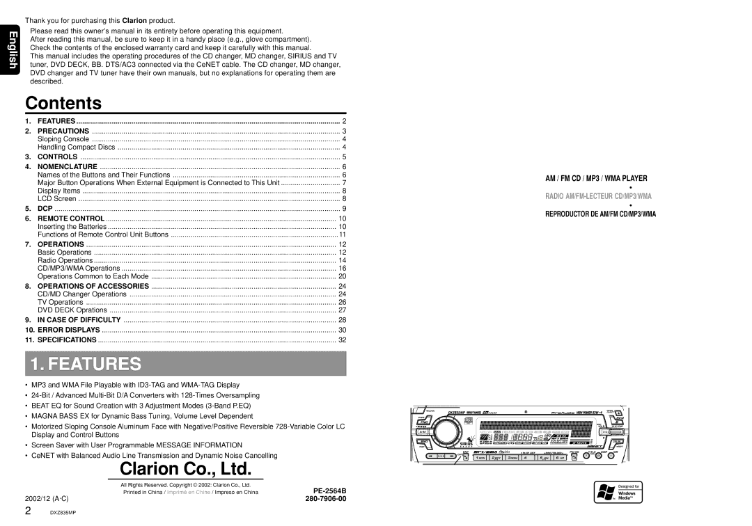 Clarion DXZ835MP owner manual Contents, Features 