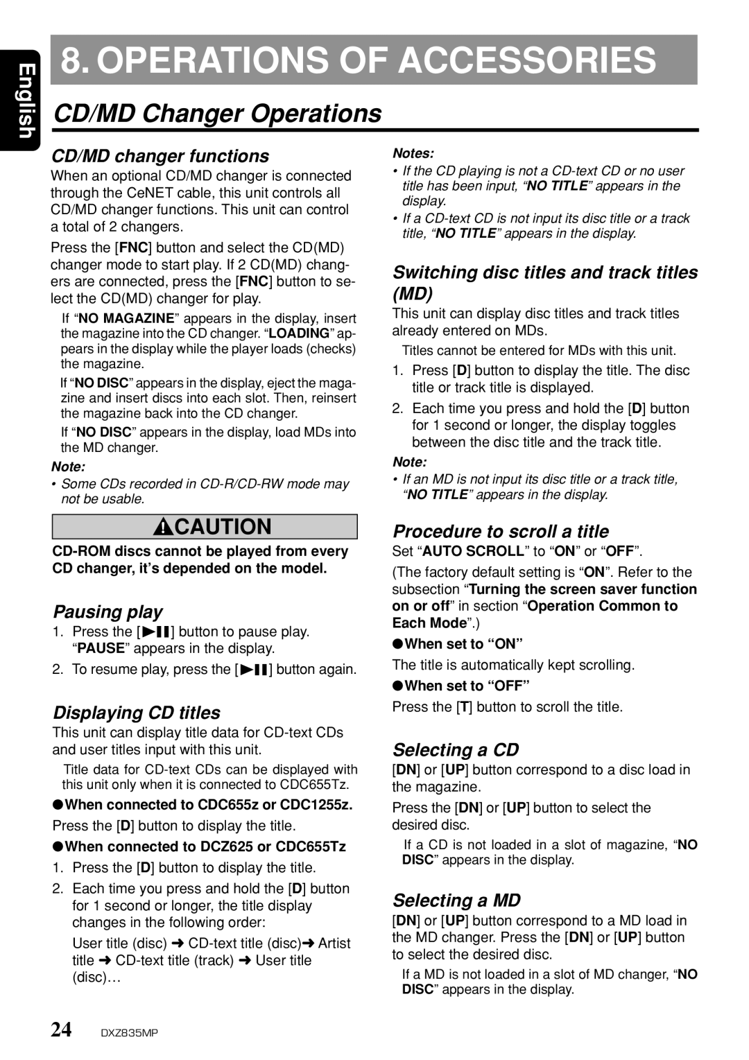 Clarion DXZ835MP owner manual Operations of Accessories, CD/MD Changer Operations 