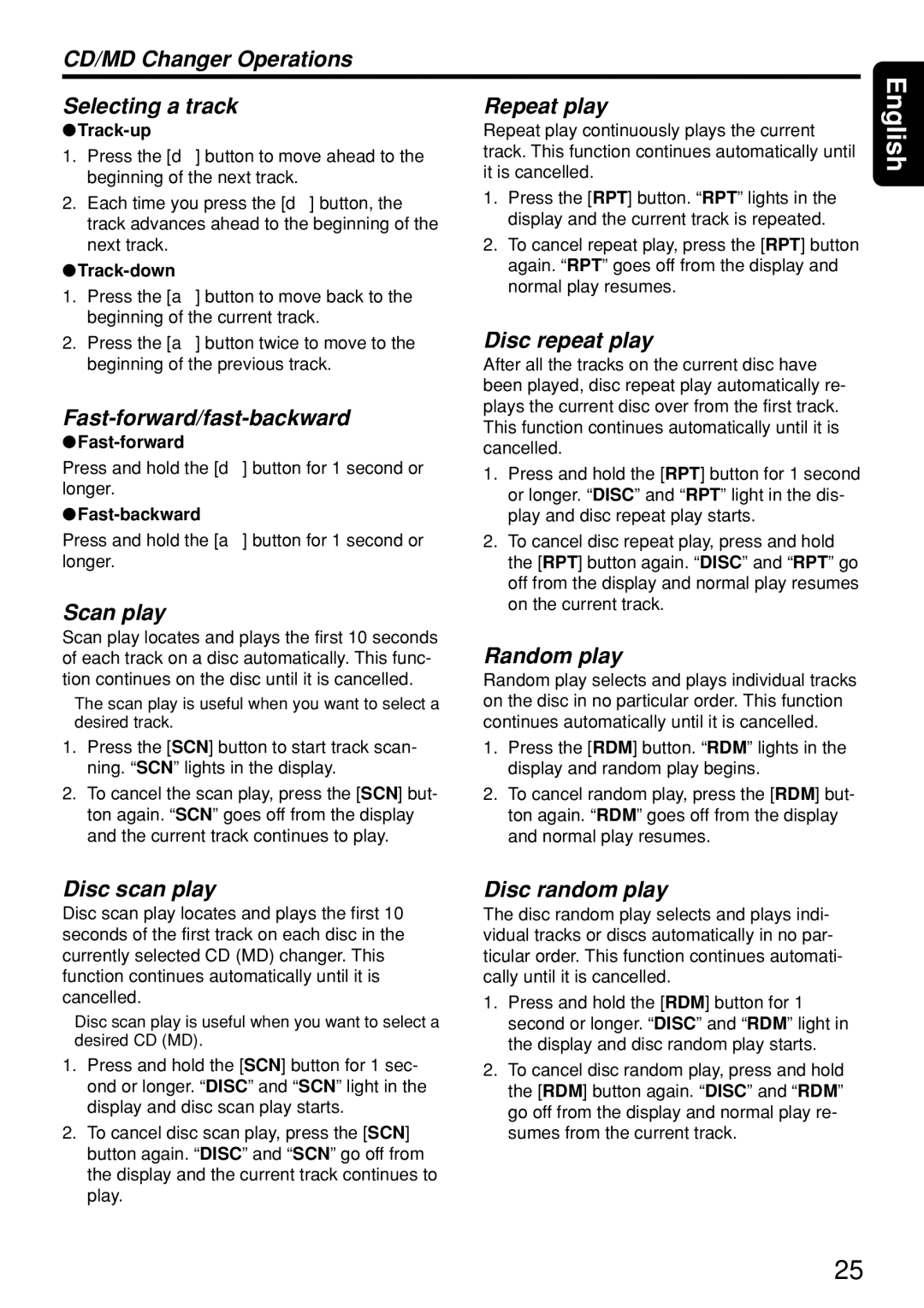 Clarion DXZ835MP owner manual CD/MD Changer Operations Selecting a track Repeat play, Disc repeat play, Disc scan play 