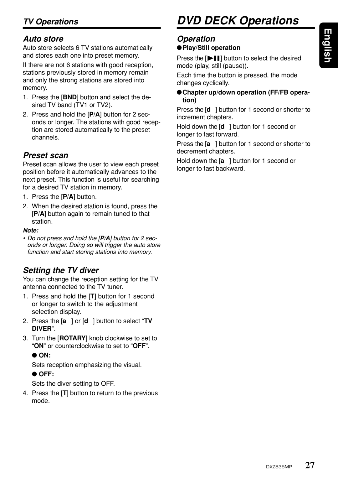 Clarion DXZ835MP owner manual DVD Deck Operations, TV Operations Auto store, Setting the TV diver 