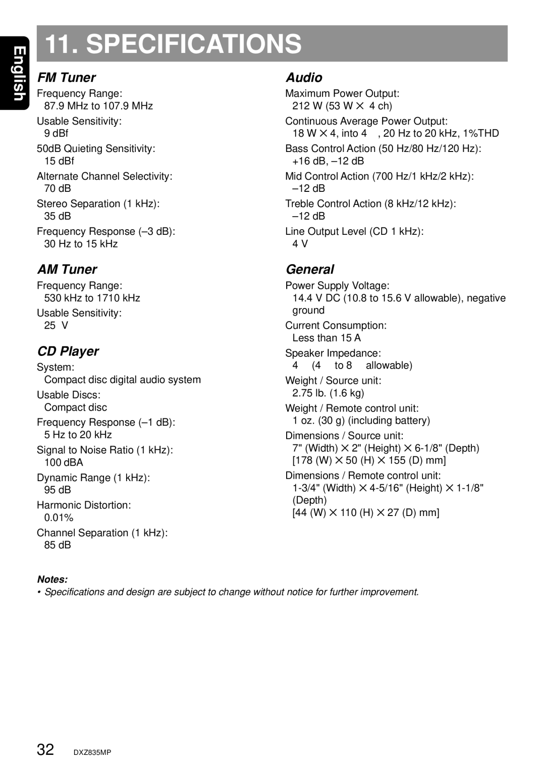 Clarion DXZ835MP owner manual Specifications 