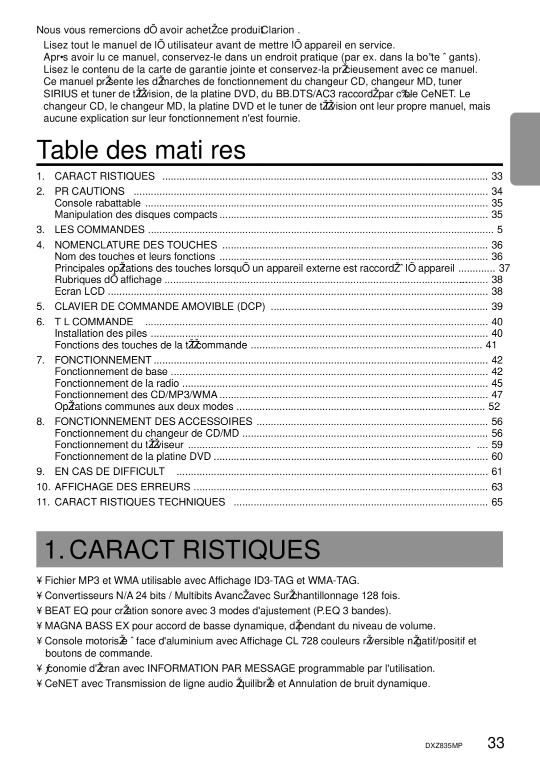 Clarion DXZ835MP owner manual Caractéristiques, Console rabattable, Ecran LCD, Installation des piles 