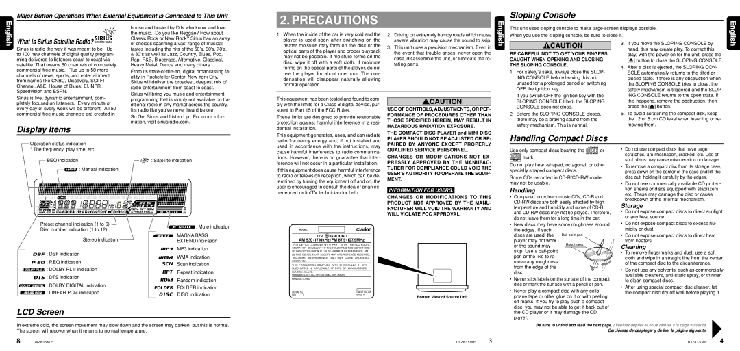 Clarion DXZ835MP owner manual Precautions, Sloping Console, Display Items, Handling Compact Discs, LCD Screen 