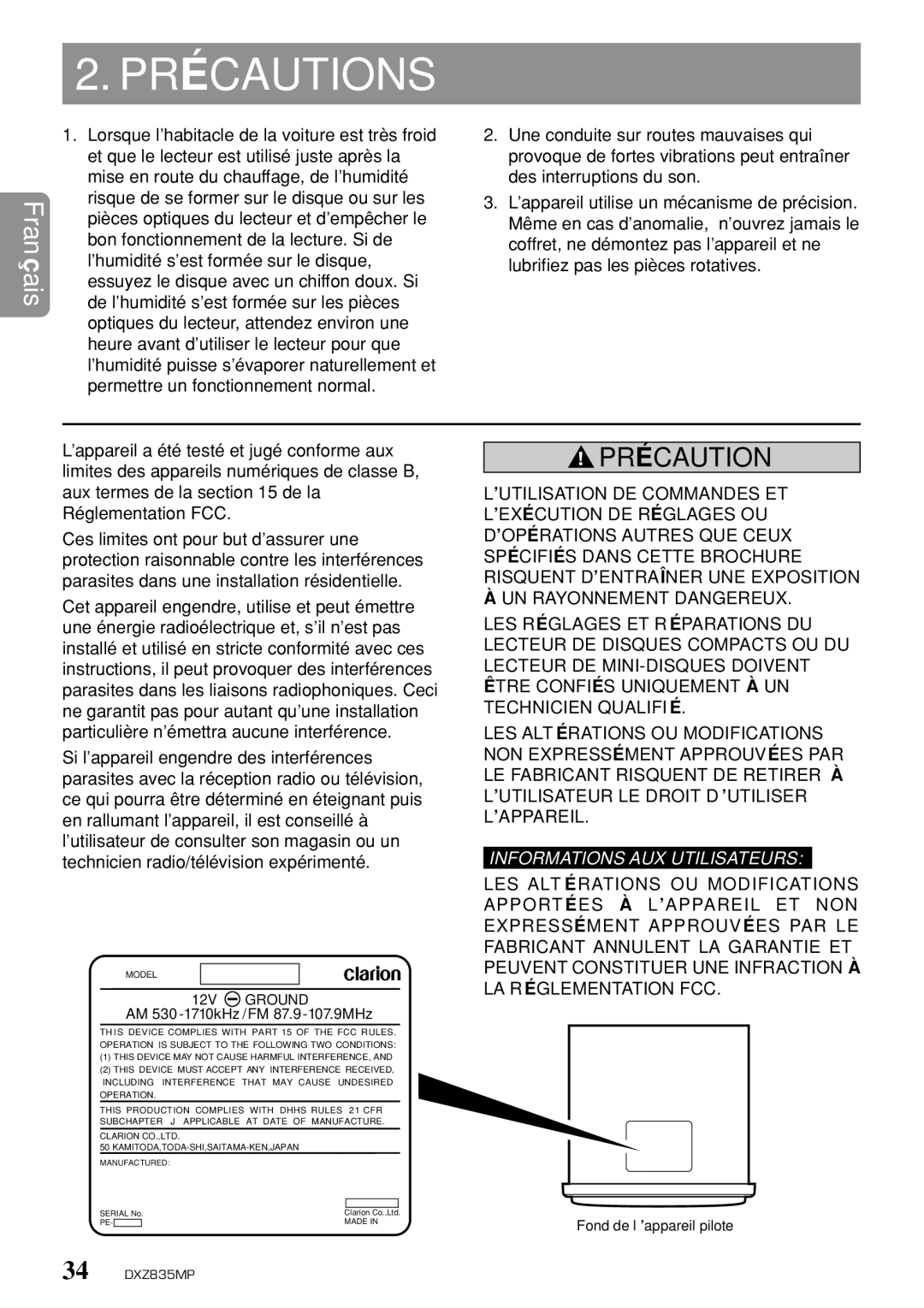 Clarion DXZ835MP owner manual Précautions 